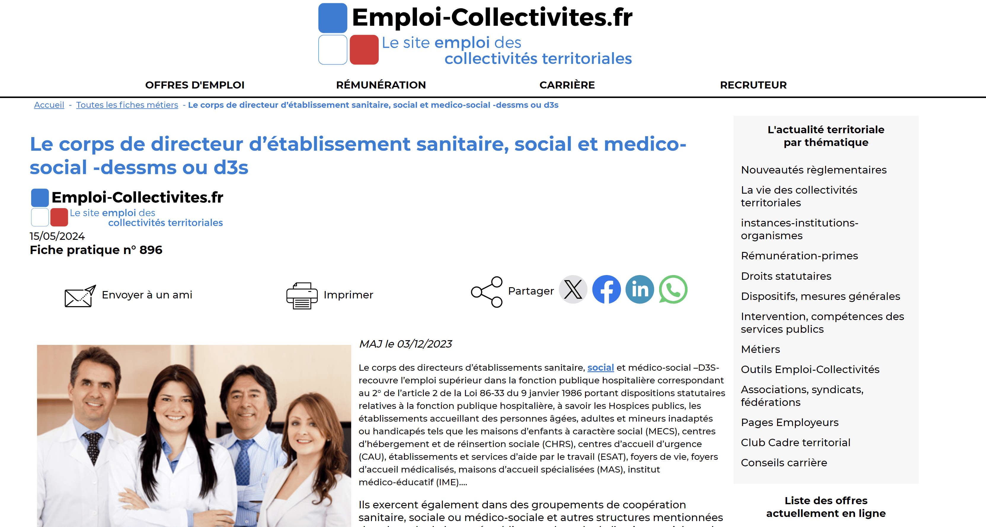 Corps des directeurs d’établissements sanitaire, social et médico-social (D3S) source emploi-collectivites.fr Corps des directeurs d’établissements sanitaire, social et médico-social (D3S) source emploi-collectivites.fr