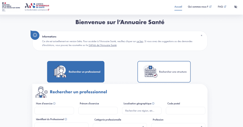 Page d'accueil de l'Annuaire Santé de l'ANS avec son formulaire de recherche