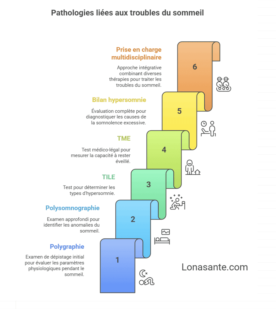Étapes du bilan en centre du sommeil : polygraphie, polysomnographie, TILE, TME, bilan d'hypersomnie et prise en charge pluridisciplinaire