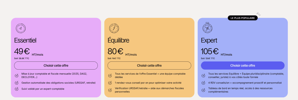Capture d'écran de l'interface Comptasanté – tarifs et formules