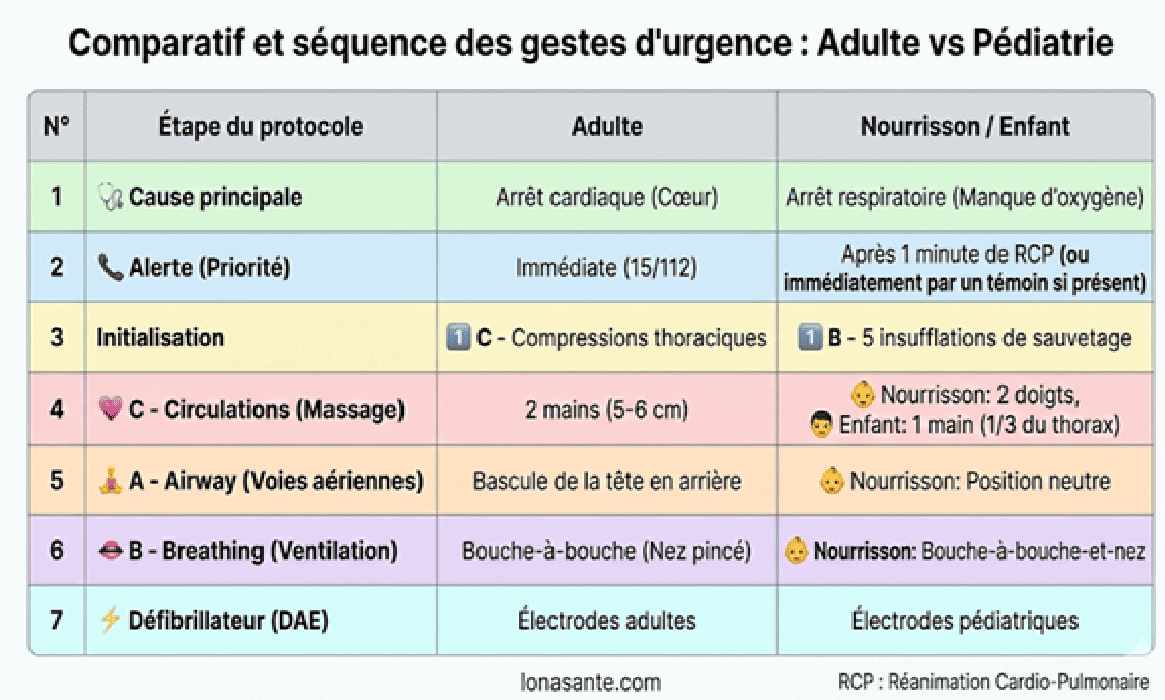 Iconographie comparative gestes d'urgence enfant et adulte enseignés en formation AFGSU 2