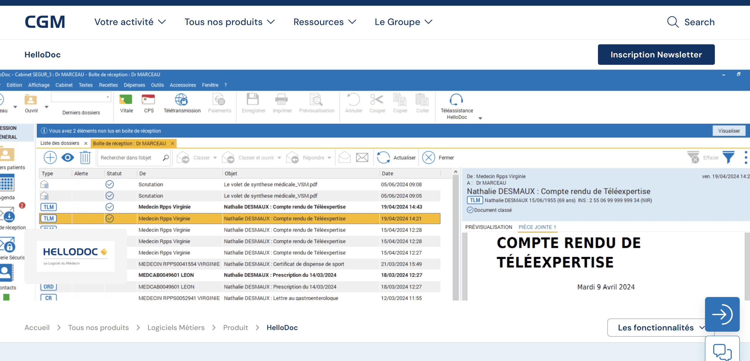 Interface HelloDoc logiciel médical par CGM